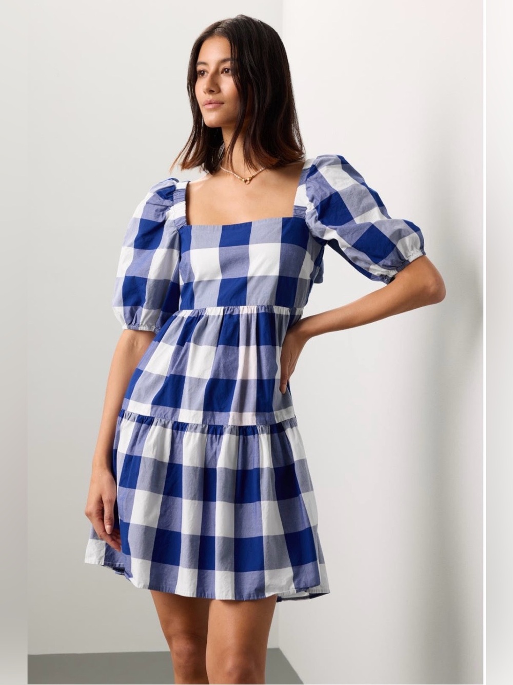 Peter Som~Blue & White Gingham Square-Neck Tiered Mini Dress~Size 4~$345~